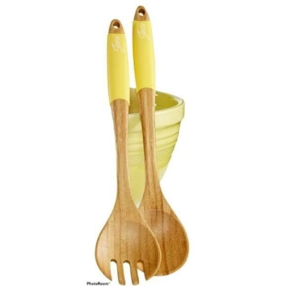 Fiestaware Fiesta Utensil Salad Servers Tongs Bamboo SUNFLOWER Yellow SPOON FORK - Picture 1 of 5